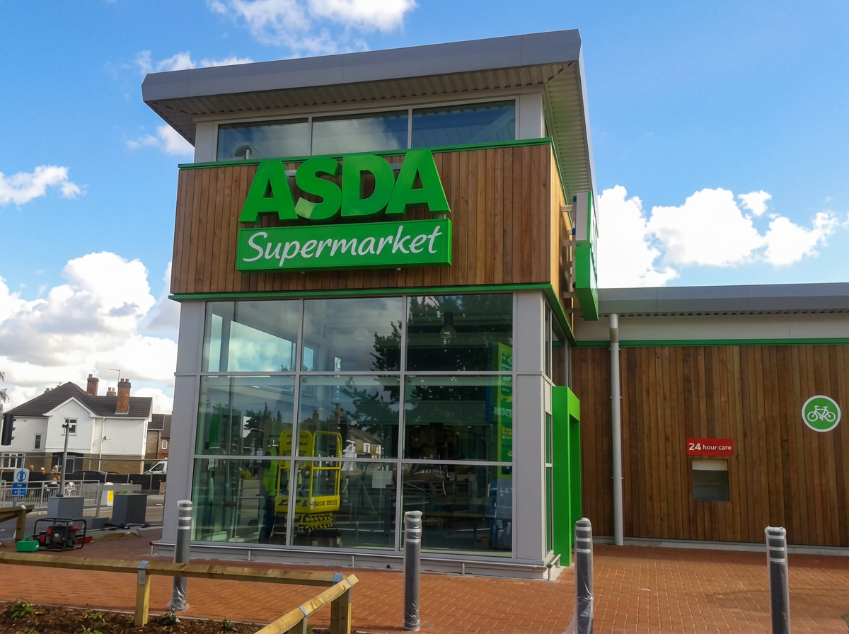 Asda Supermarket frontage in Harworth with a glazed corner and timber-clad walls