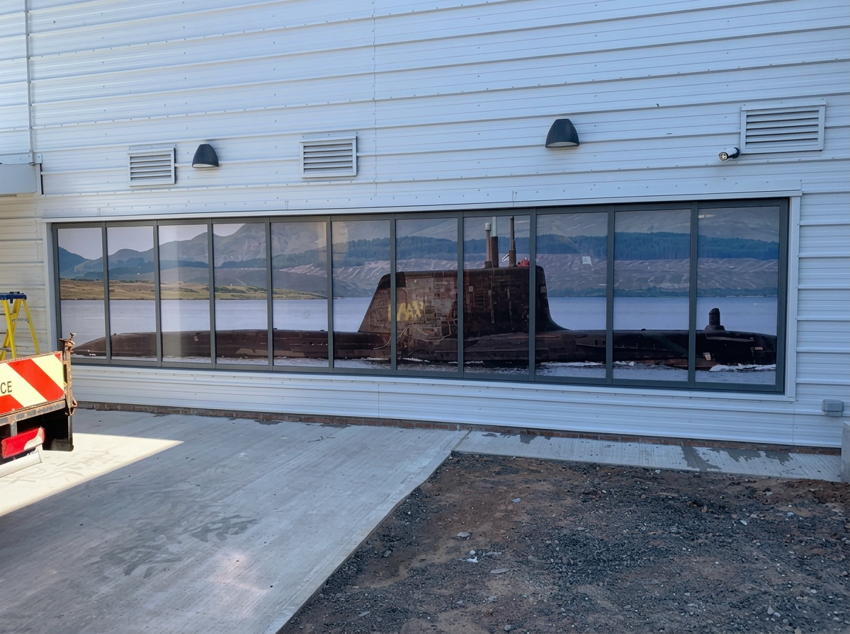 Long horizontal band of aluminium-framed glazing set into a clad industrial building