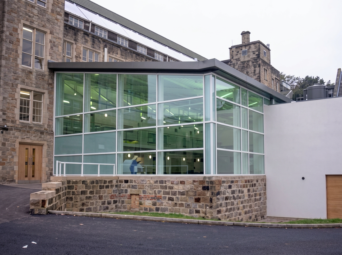 Glazed aluminium entrance between stone buildings at Bradford Grammar School