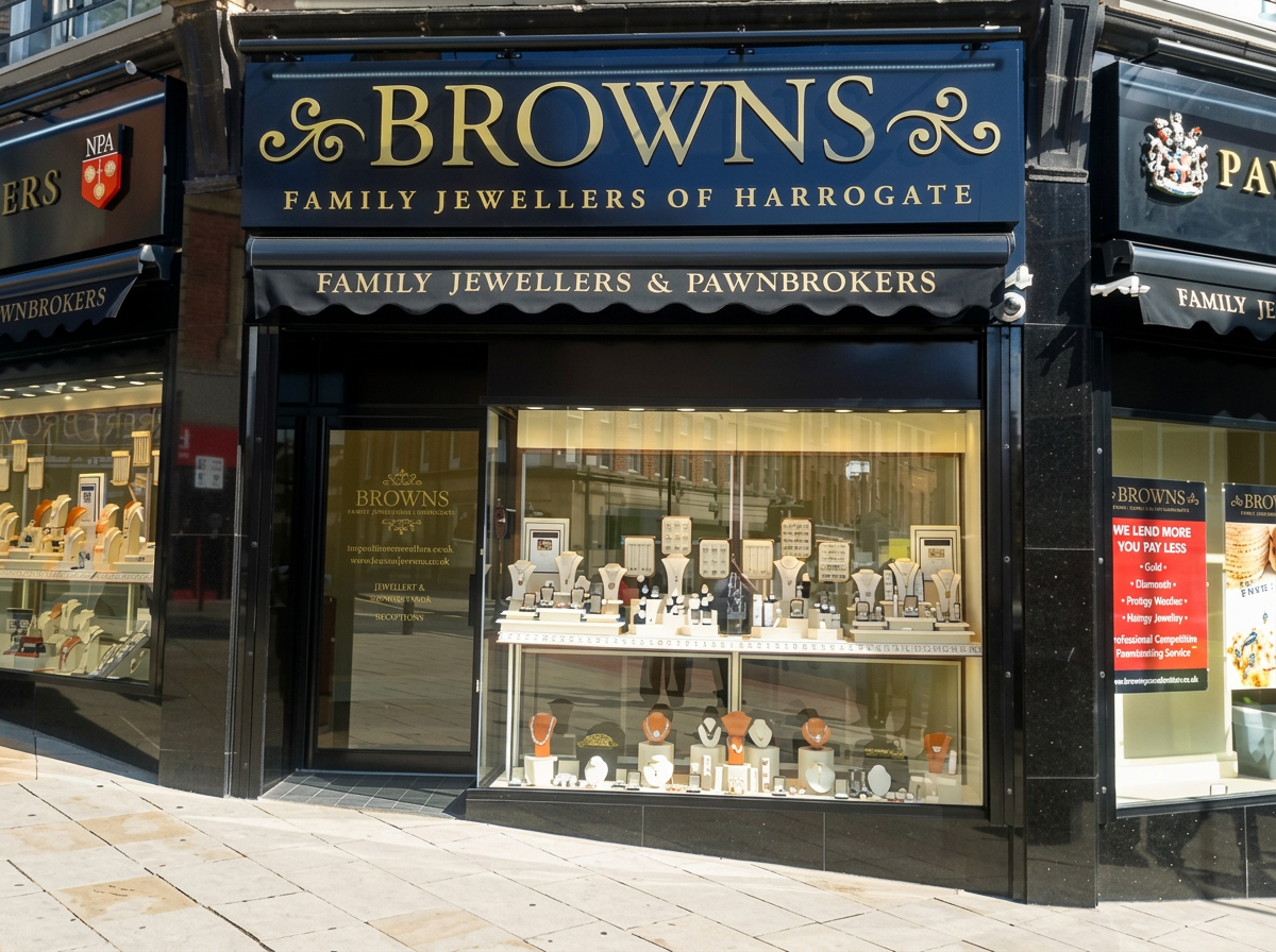 Browns jewellers shopfront with a dark frame and display windows