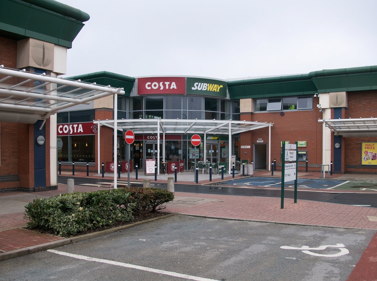 Costa and Subway units at Crown Point, Leeds, with glazed entrances under canopies