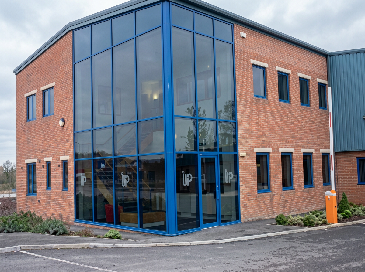 Two-storey brick building with a corner of blue-framed curtain walling at Easingwold
