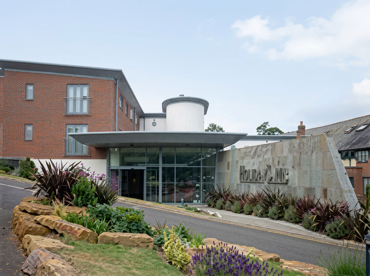 Low building with a glazed entrance behind landscaped planting at Helidon Lakes