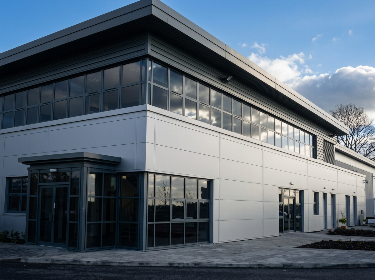Two-storey office building with ribbon glazing, recorded as L'Oréal Offices
