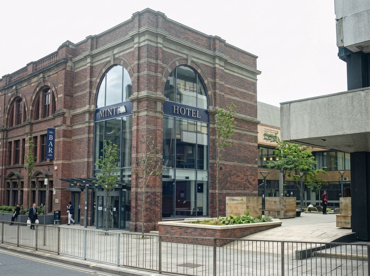 Brick building with tall arched glazed entrance, recorded as Ventura, Leeds